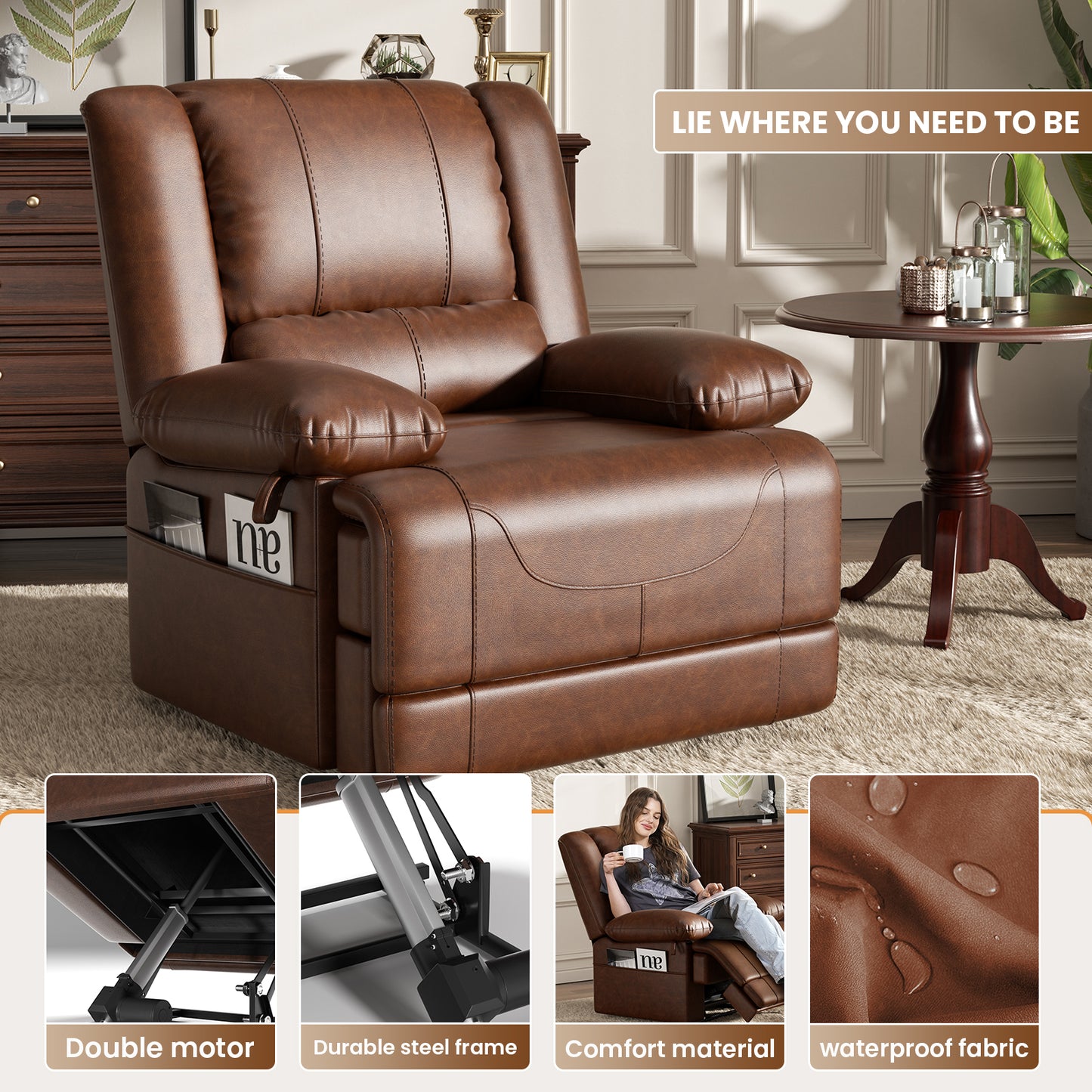 Dual Motor Lift Chair with Massage & Heating | Lay Flat Recliner for Elderly - Red Brown