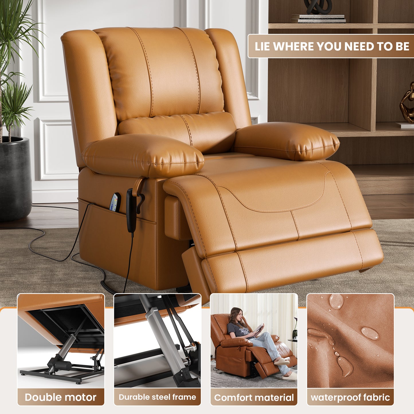 Dual Motor Lift Chair with Massage & Heating | Lay Flat Recliner for Elderly - Light Brown