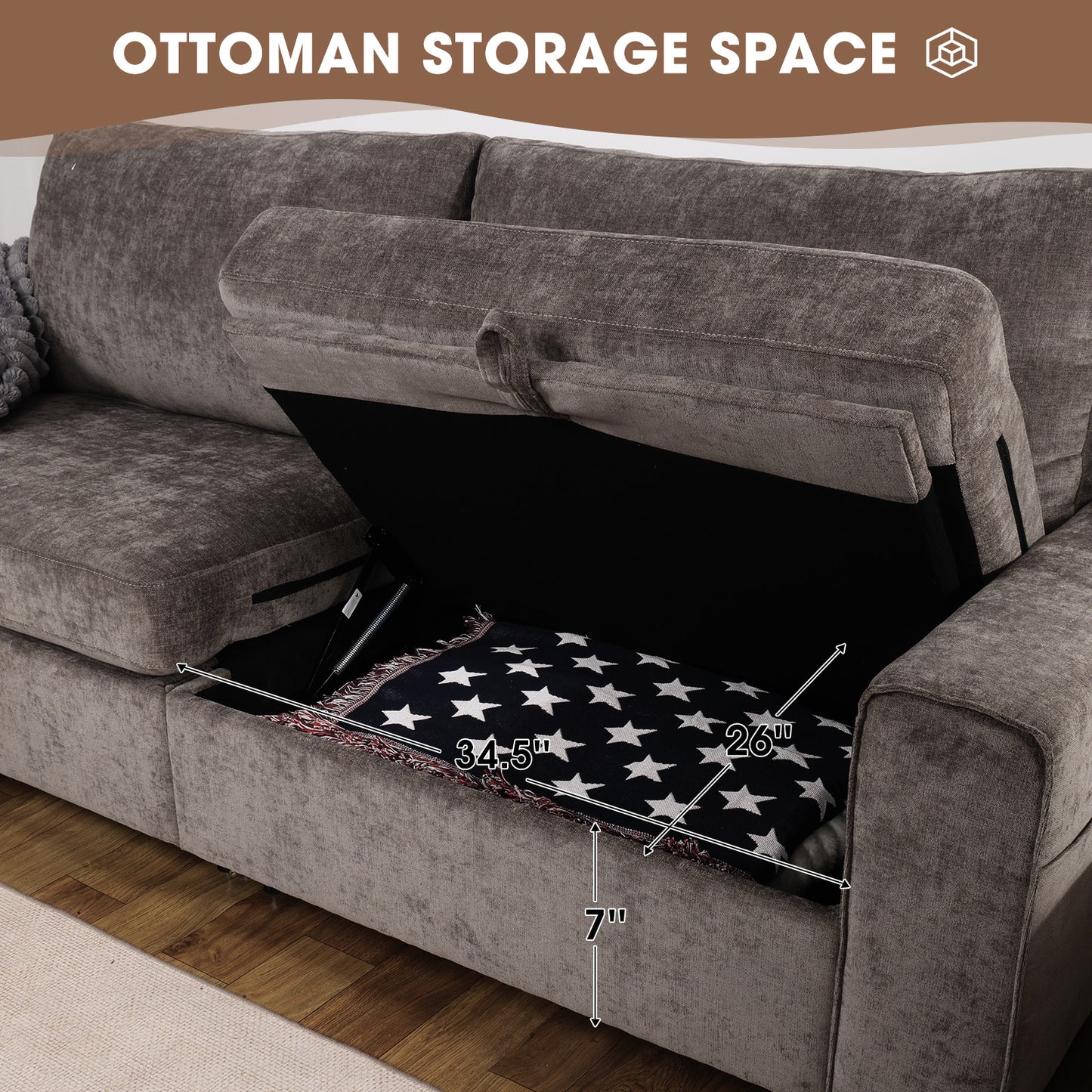 Convertible L-Shaped Sofa with Storage Ottoman, Reversible Design, Breathable Fabric - Dark Grey