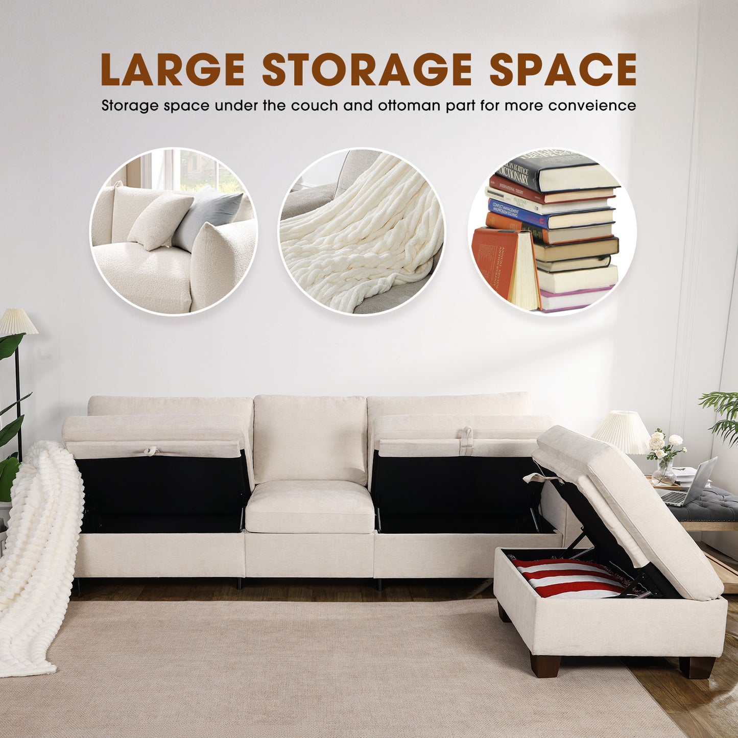 Convertible L-Shaped Sofa with Storage Ottoman, Reversible Design, Breathable Fabric - Beige