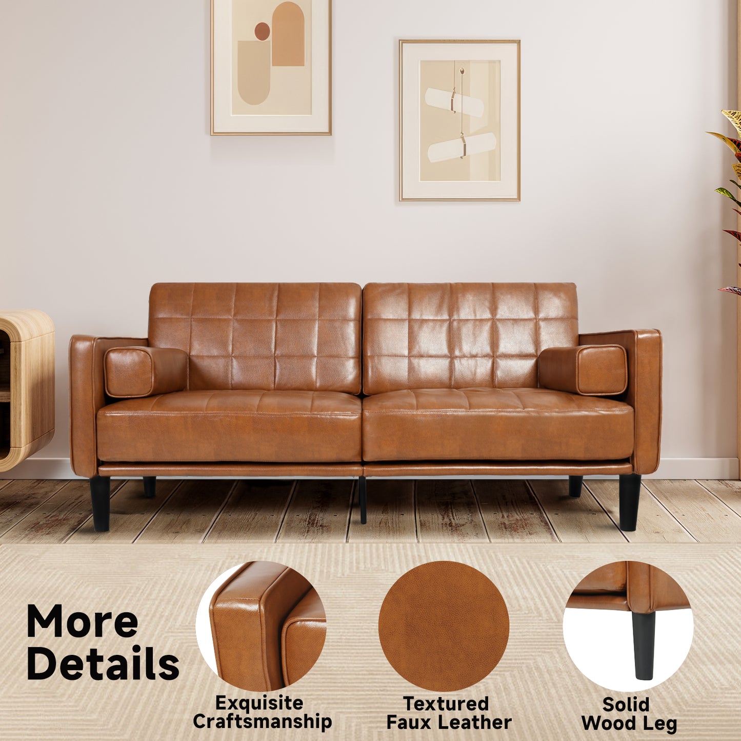 70'' Mid-Century Modern Faux Leather Loveseat with Cushions - Yellow