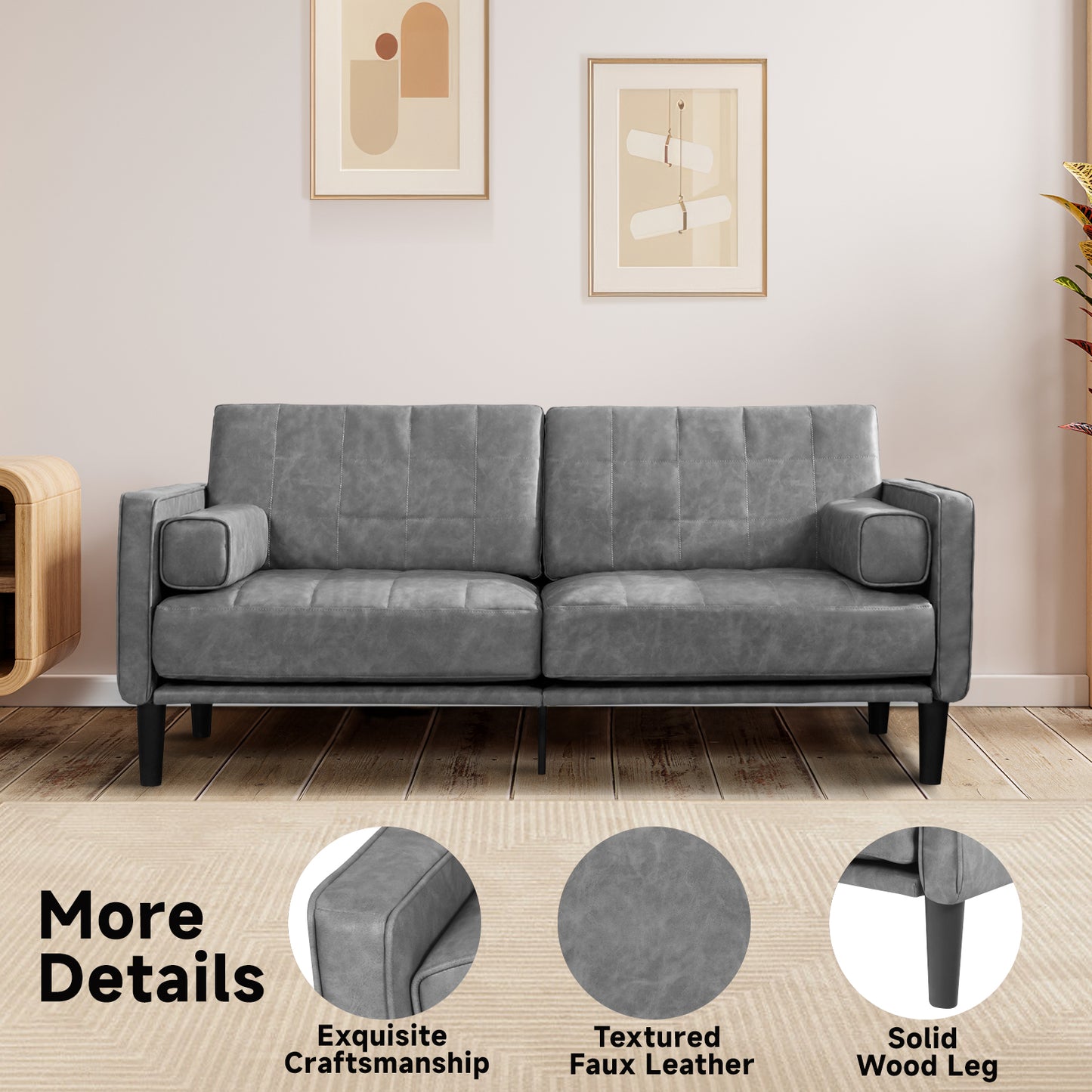 70'' Mid-Century Modern Faux Leather Loveseat with Cushions - Dark Grey