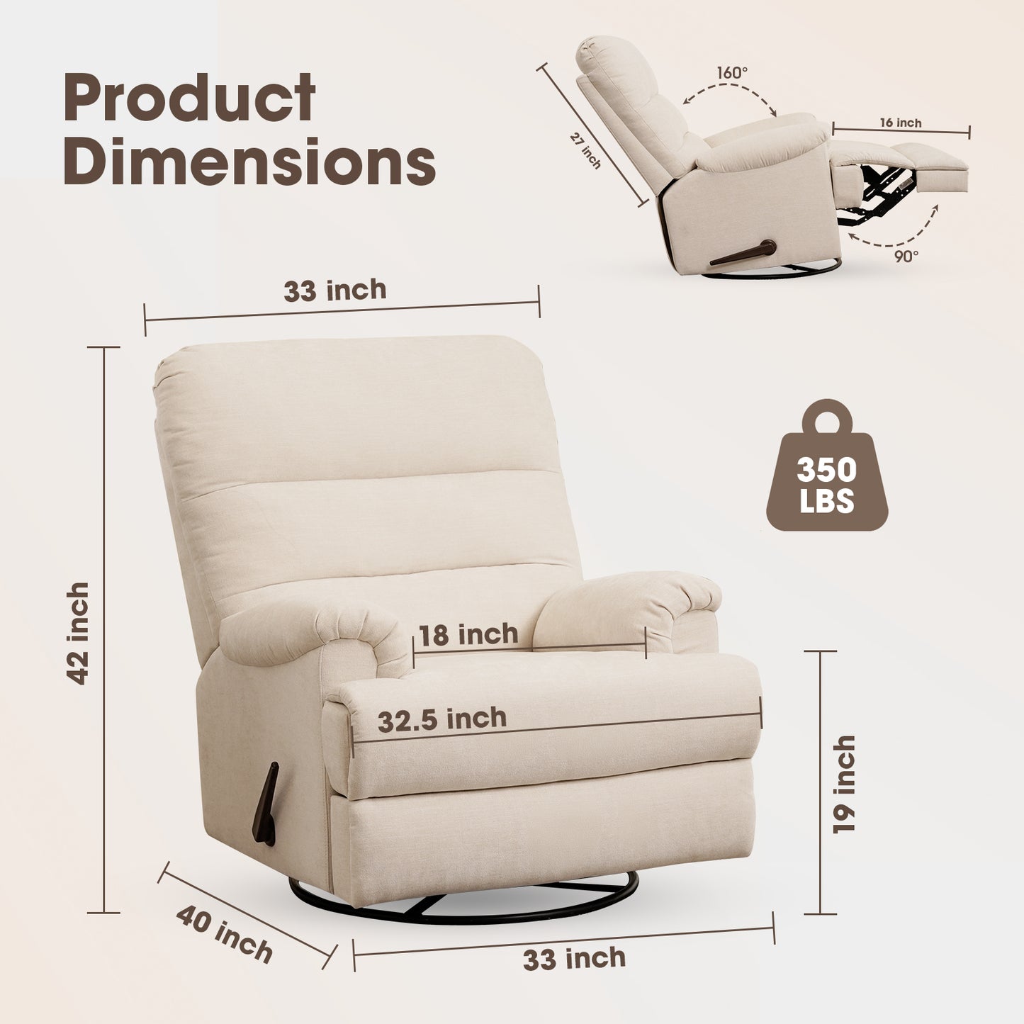 Large Swivel Rocker Recliner Chair with High Back for Living Room - Beige