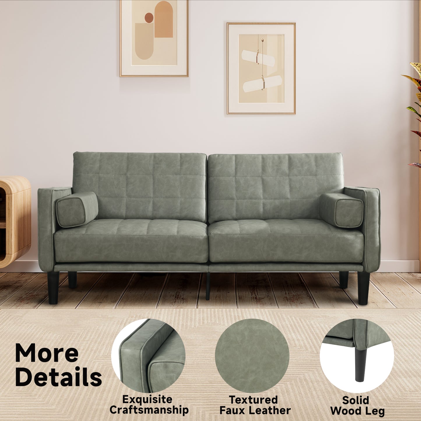 70'' Mid-Century Modern Faux Leather Loveseat with Cushions - Olive Green