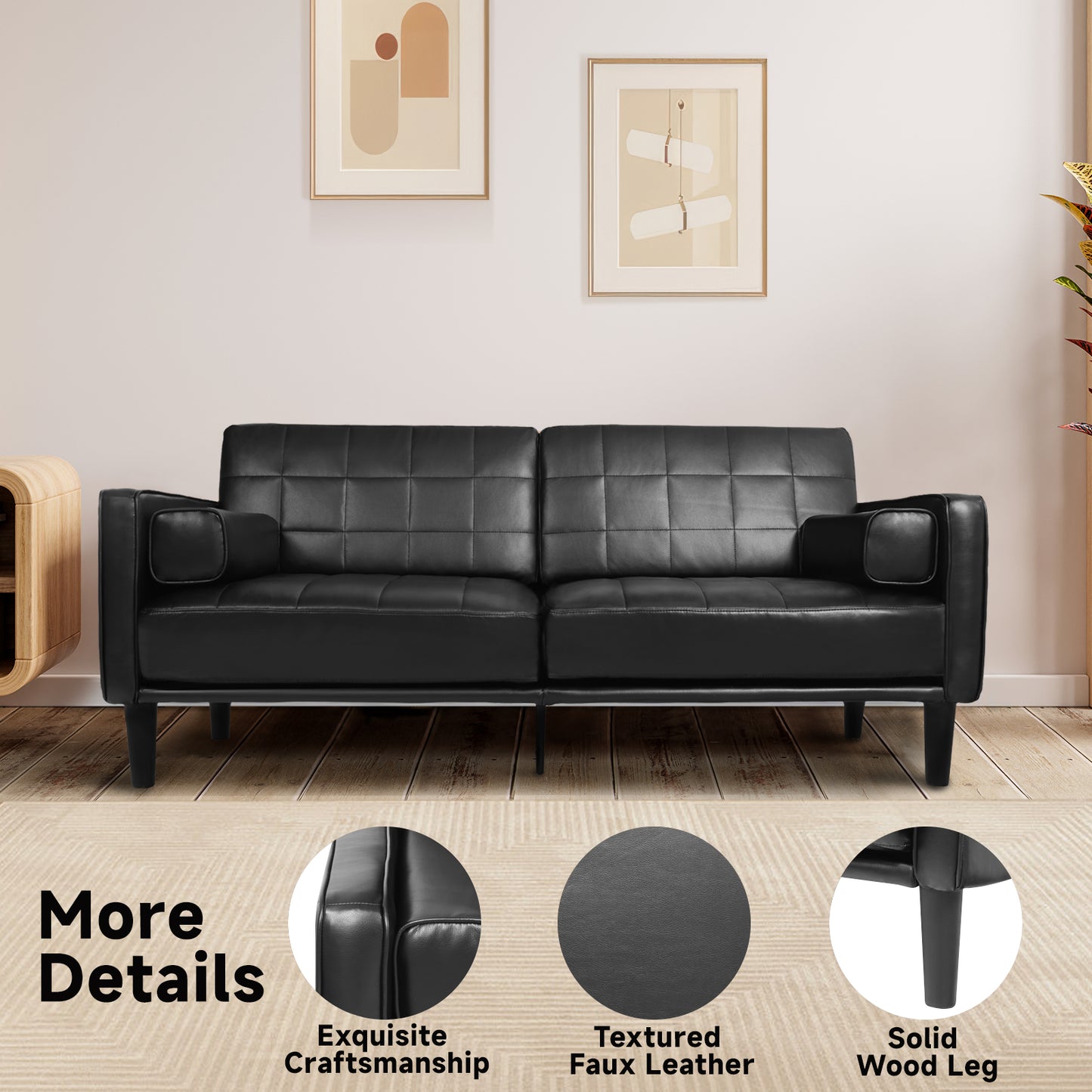 70'' Mid-Century Modern Faux Leather Loveseat with Cushions - Black
