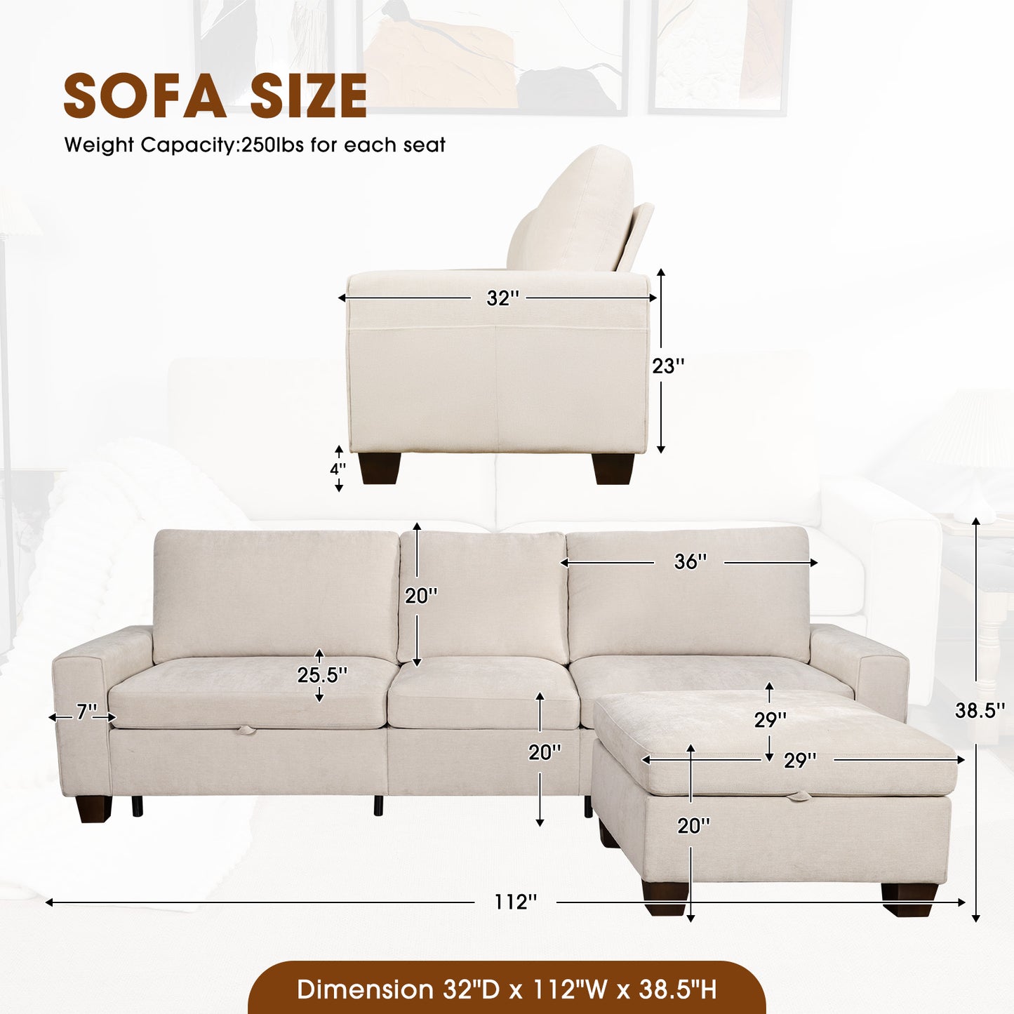 Convertible L-Shaped Sofa with Storage Ottoman, Reversible Design, Breathable Fabric - Beige