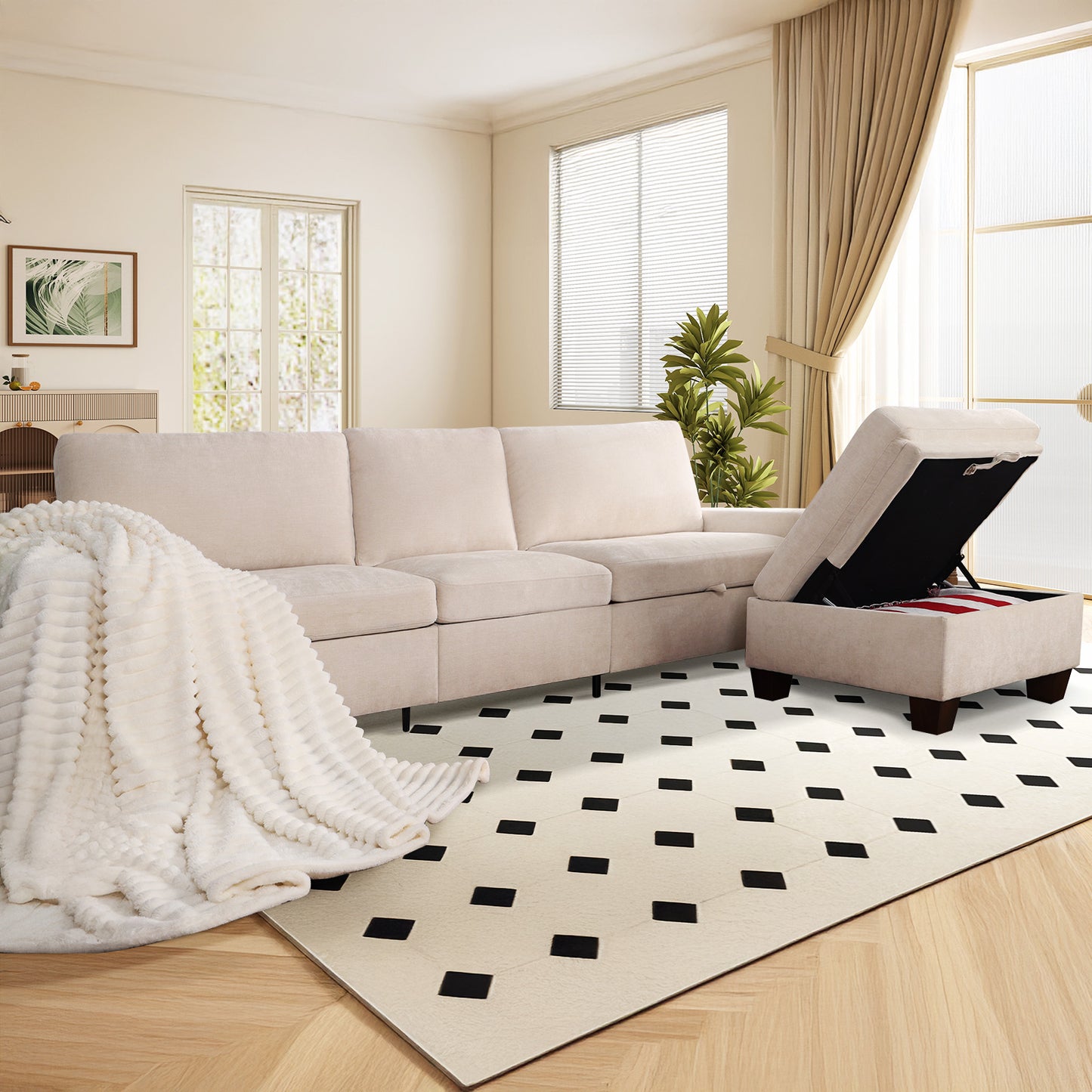 Convertible L-Shaped Sofa with Storage Ottoman, Reversible Design, Breathable Fabric - Beige