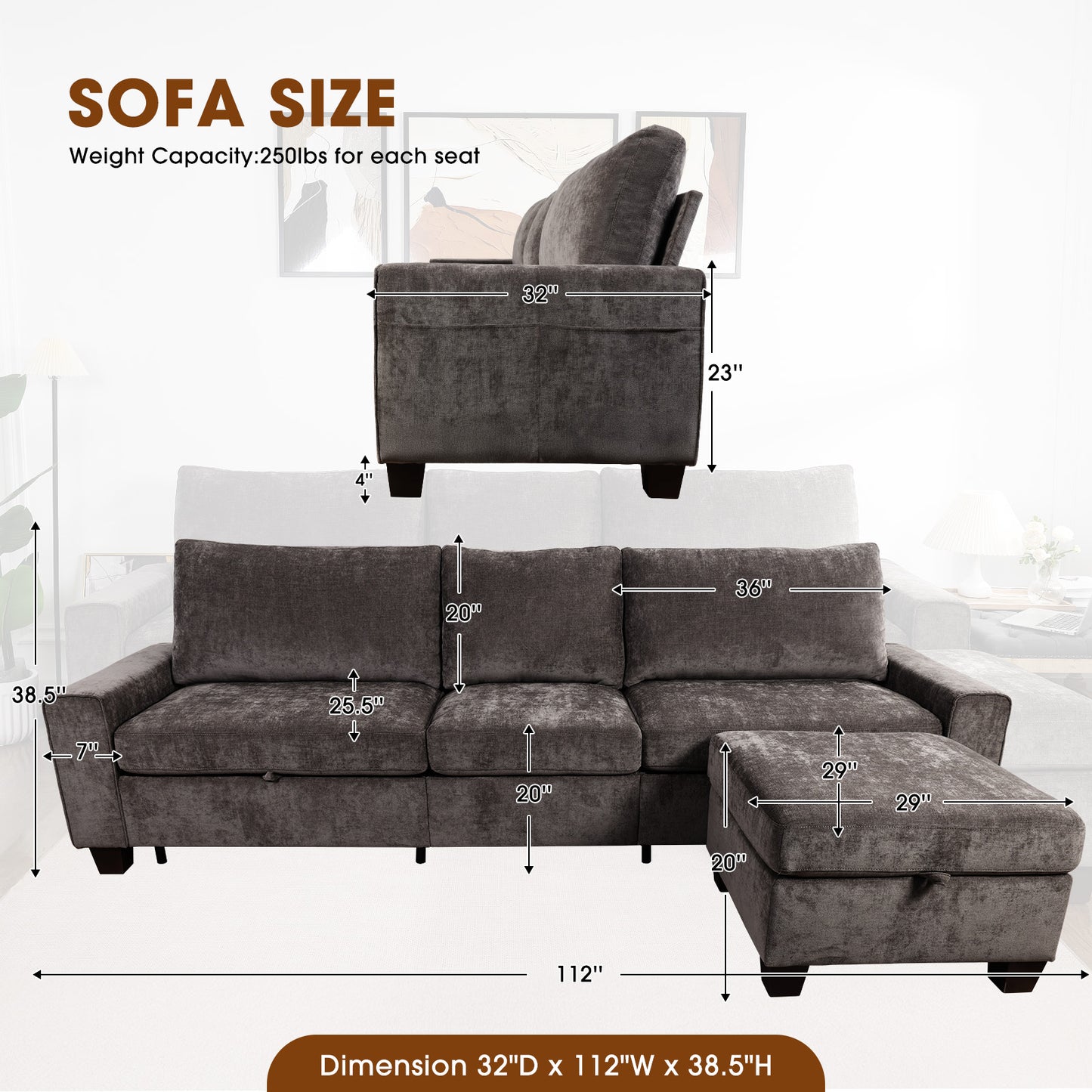 Convertible L-Shaped Sofa with Storage Ottoman, Reversible Design, Breathable Fabric - Dark Grey