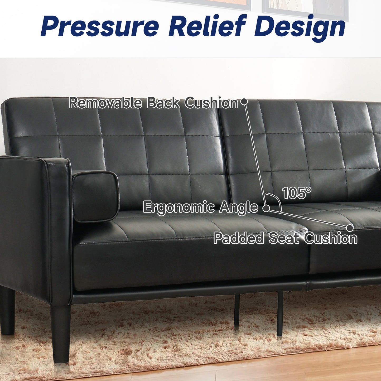 70'' Mid-Century Modern Faux Leather Loveseat with Cushions - Black