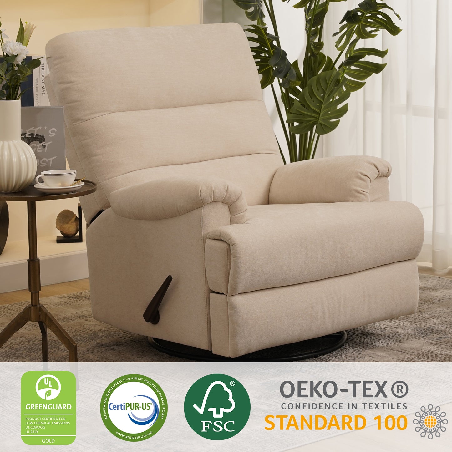 Large Swivel Rocker Recliner Chair with High Back for Living Room - Beige