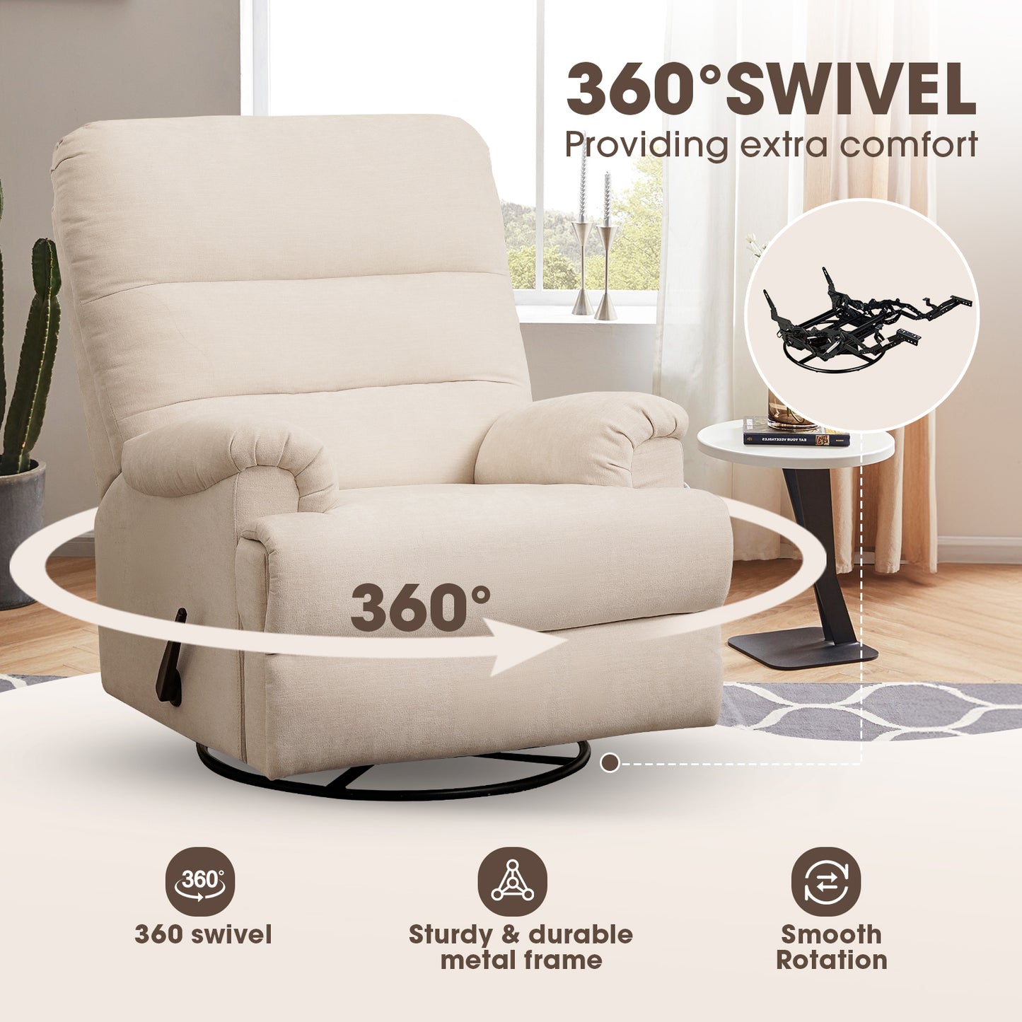 Large Swivel Rocker Recliner Chair with High Back for Living Room - Beige