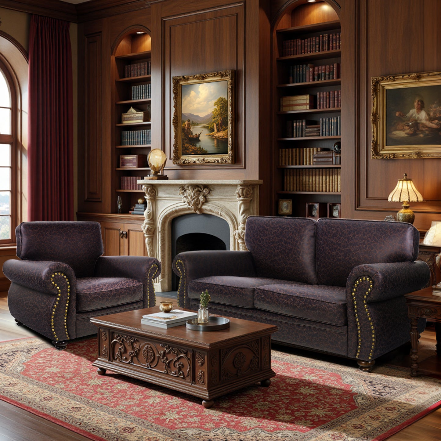 Mid-Century Vintage Sofa Couches with Rivet Design - Brown