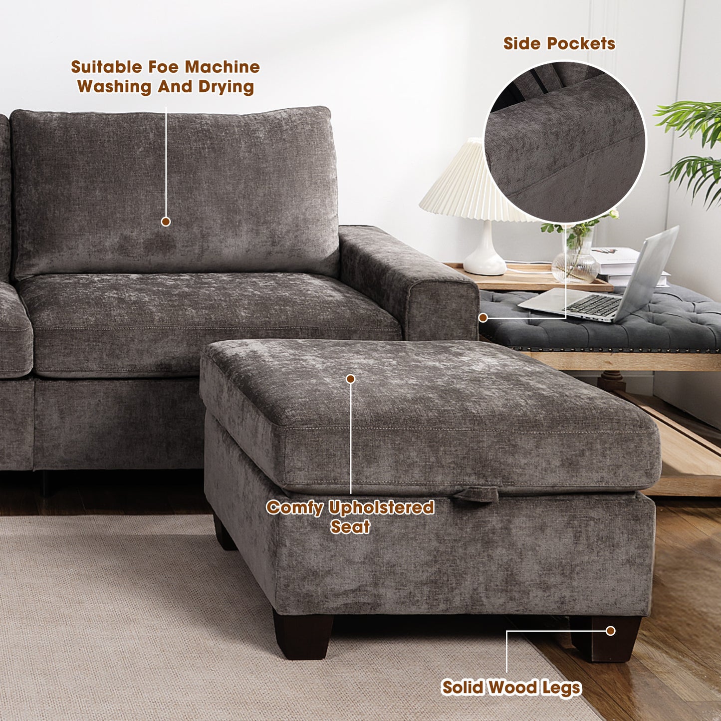 Convertible L-Shaped Sofa with Storage Ottoman, Reversible Design, Breathable Fabric - Dark Grey