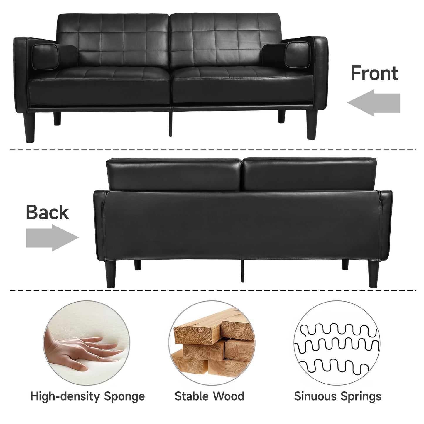 70'' Mid-Century Modern Faux Leather Loveseat with Cushions - Black