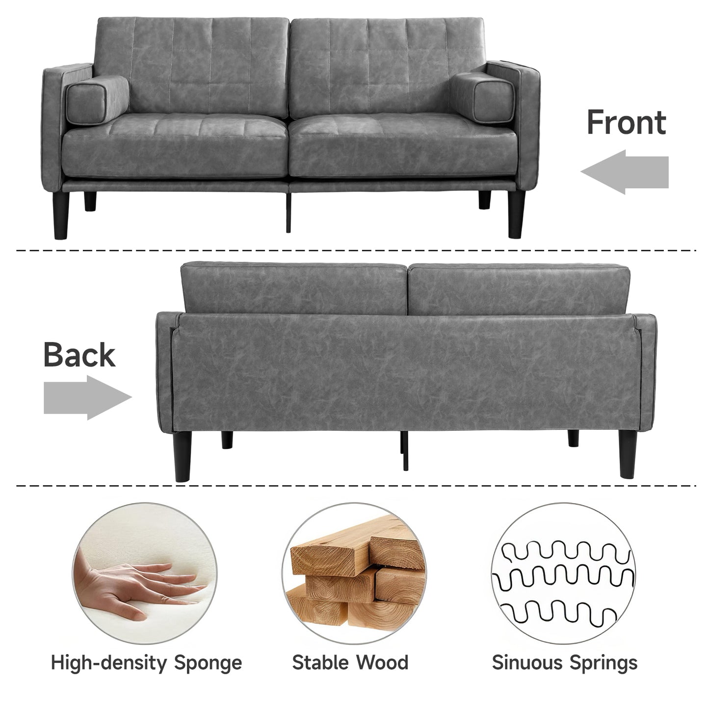 70'' Mid-Century Modern Faux Leather Loveseat with Cushions - Dark Grey