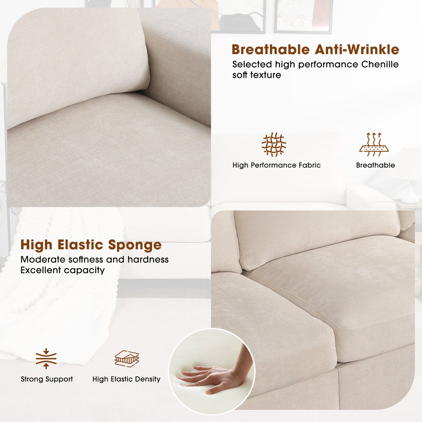 Convertible L-Shaped Sofa with Storage Ottoman, Reversible Design, Breathable Fabric - Beige