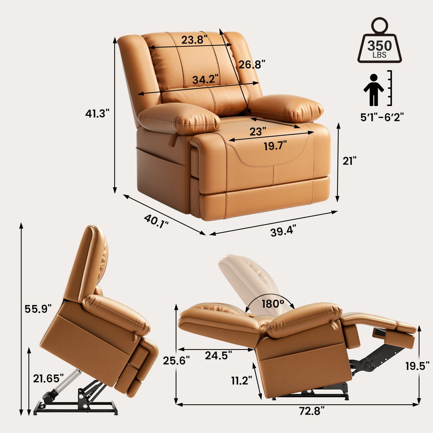 Dual Motor Lift Chair with Massage & Heating | Lay Flat Recliner for Elderly - Light Brown