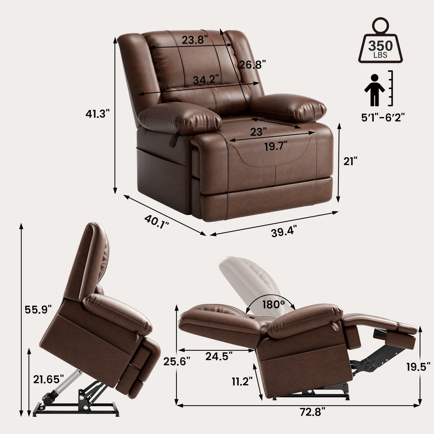 Dual Motor Lift Chair with Massage & Heating | Lay Flat Recliner for Elderly - Red Brown