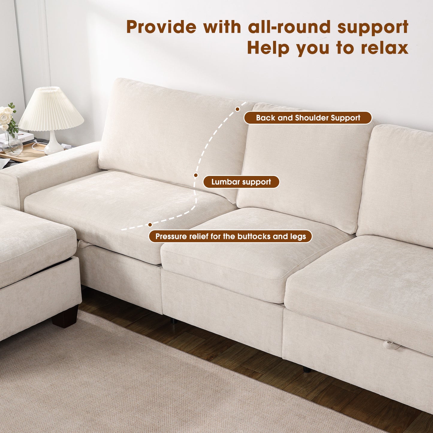 Convertible L-Shaped Sofa with Storage Ottoman, Reversible Design, Breathable Fabric - Beige