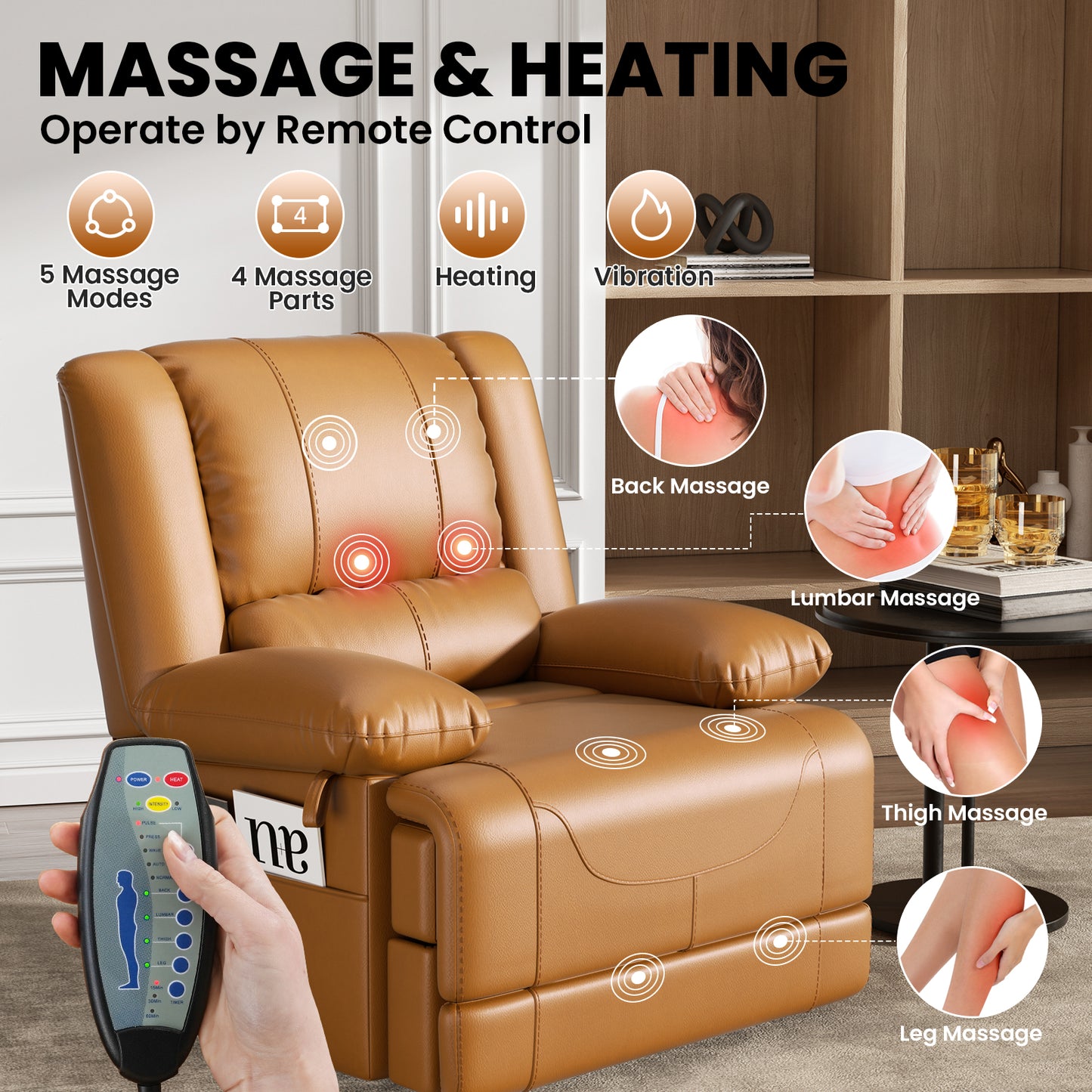 Dual Motor Lift Chair with Massage & Heating | Lay Flat Recliner for Elderly - Light Brown