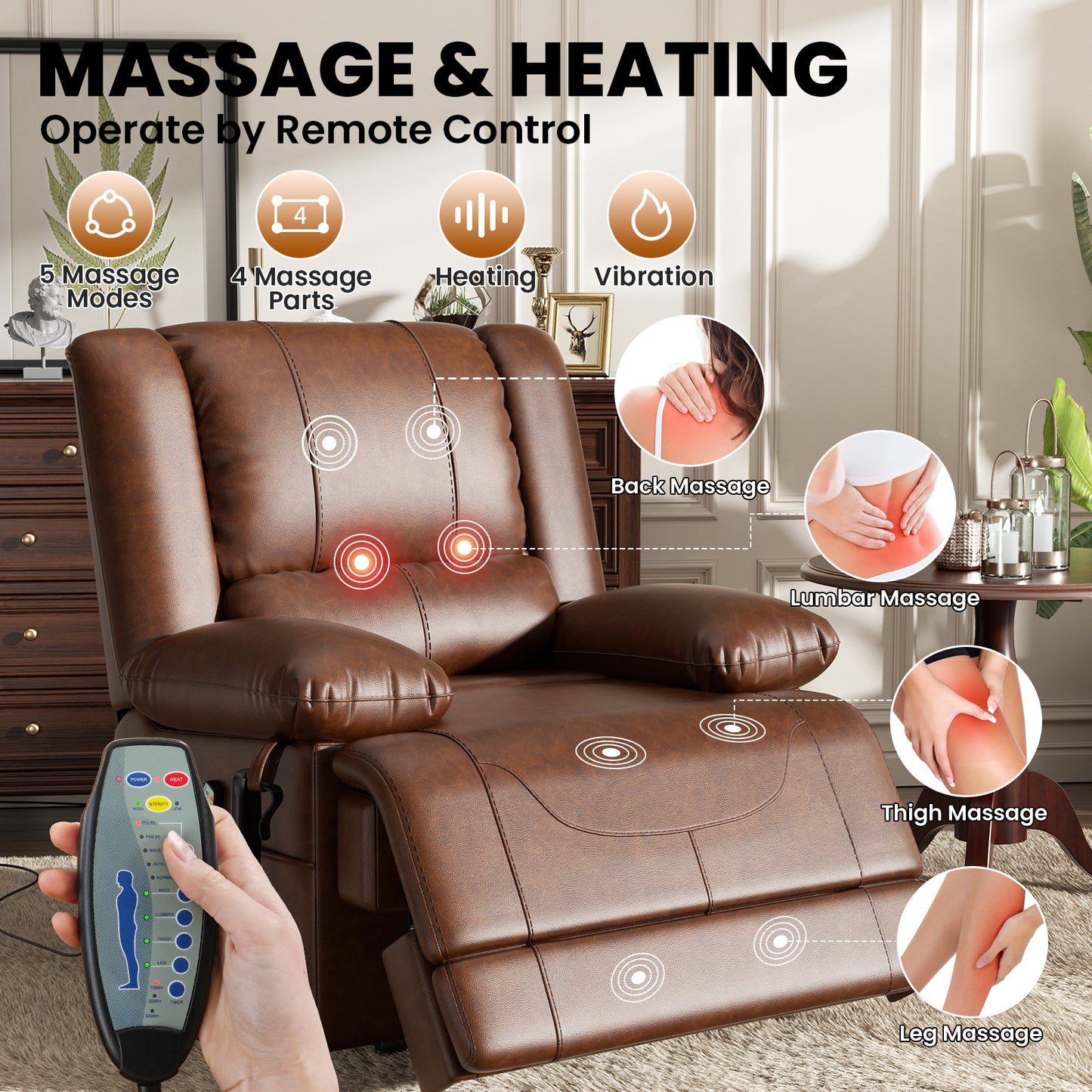 Dual Motor Lift Chair with Massage & Heating | Lay Flat Recliner for Elderly - Red Brown