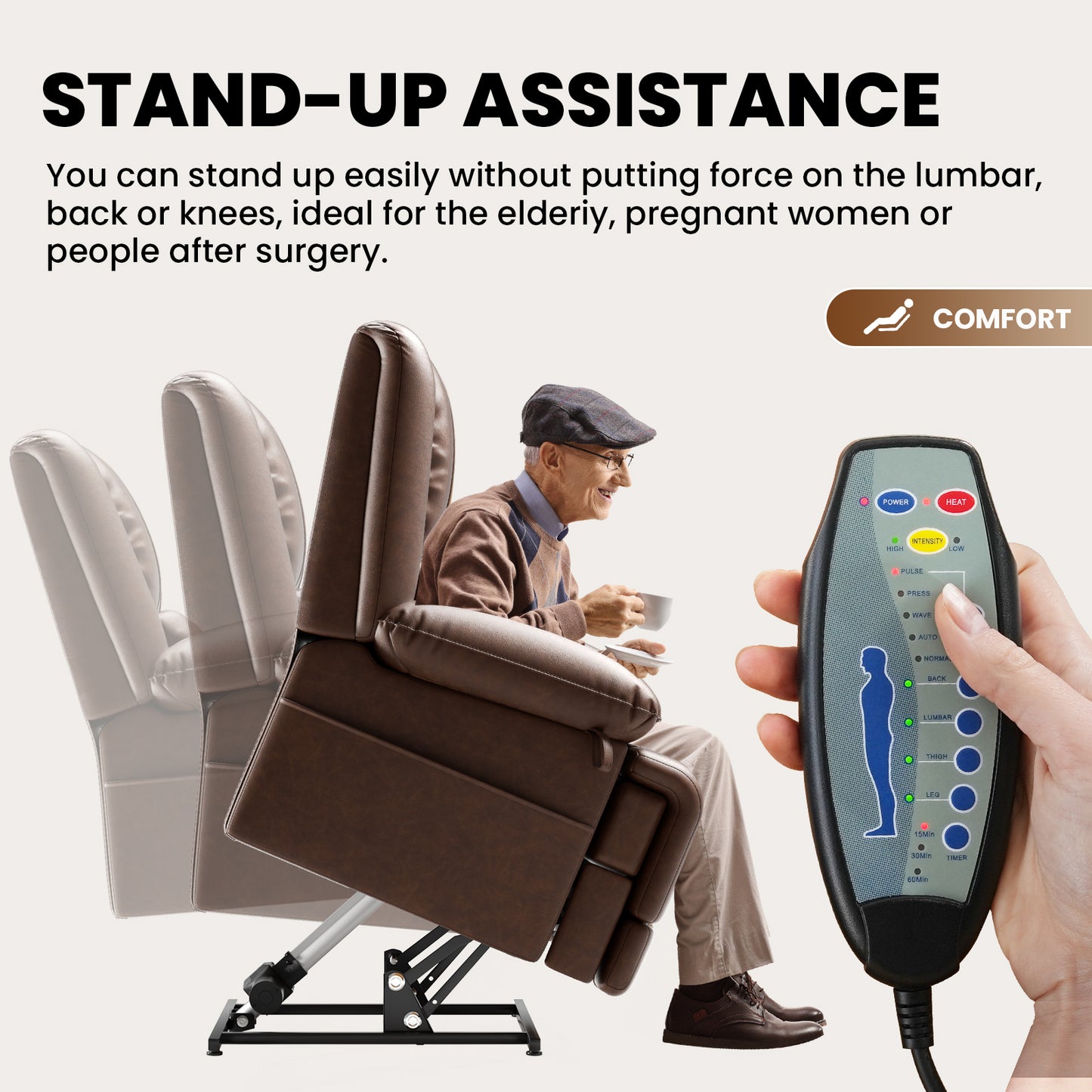 Dual Motor Lift Chair with Massage & Heating | Lay Flat Recliner for Elderly - Red Brown