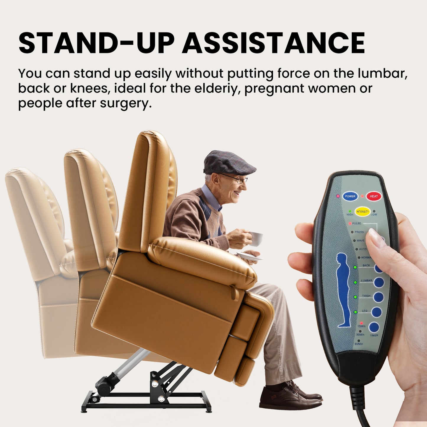 Dual Motor Lift Chair with Massage & Heating | Lay Flat Recliner for Elderly - Light Brown