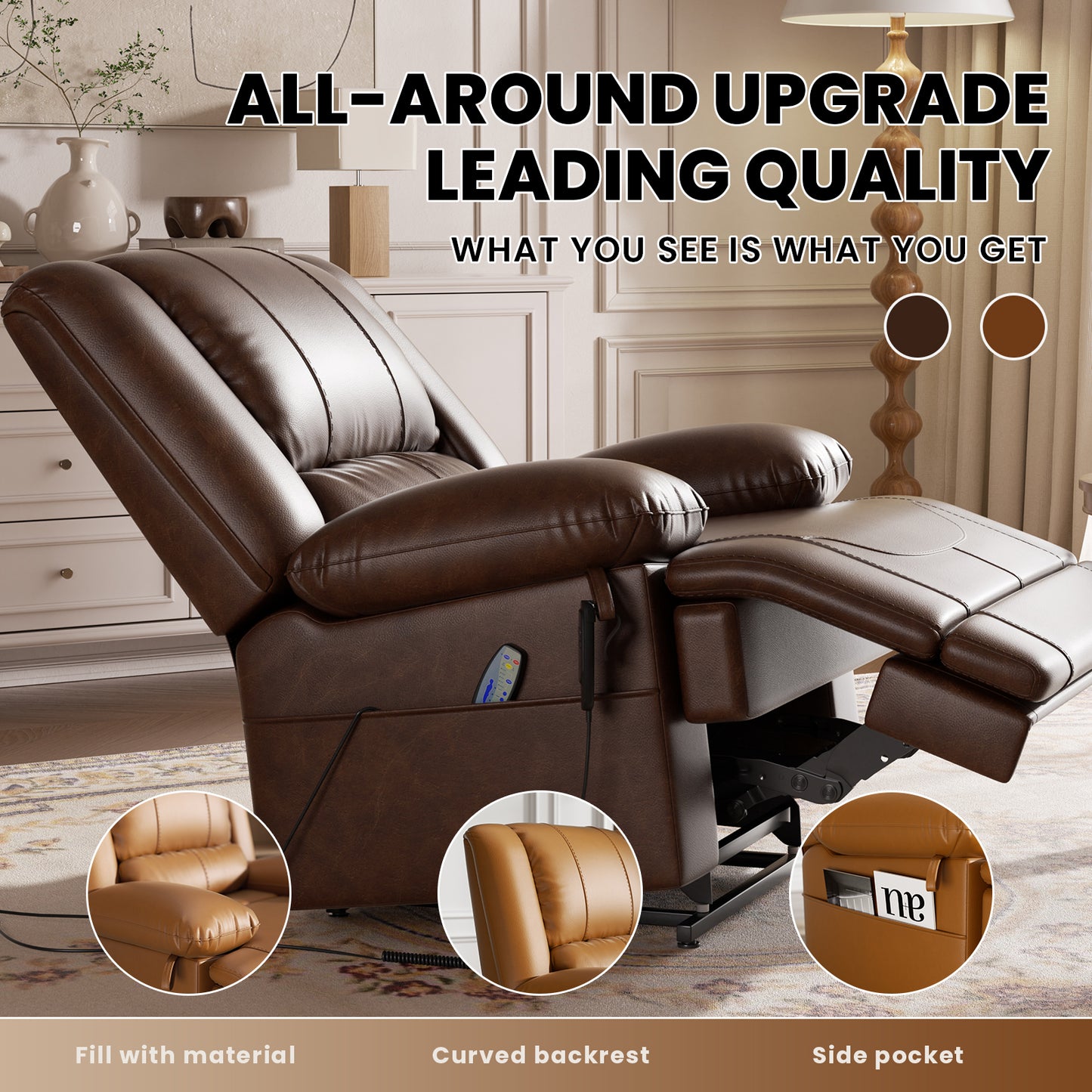 Dual Motor Lift Chair with Massage & Heating | Lay Flat Recliner for Elderly - Red Brown