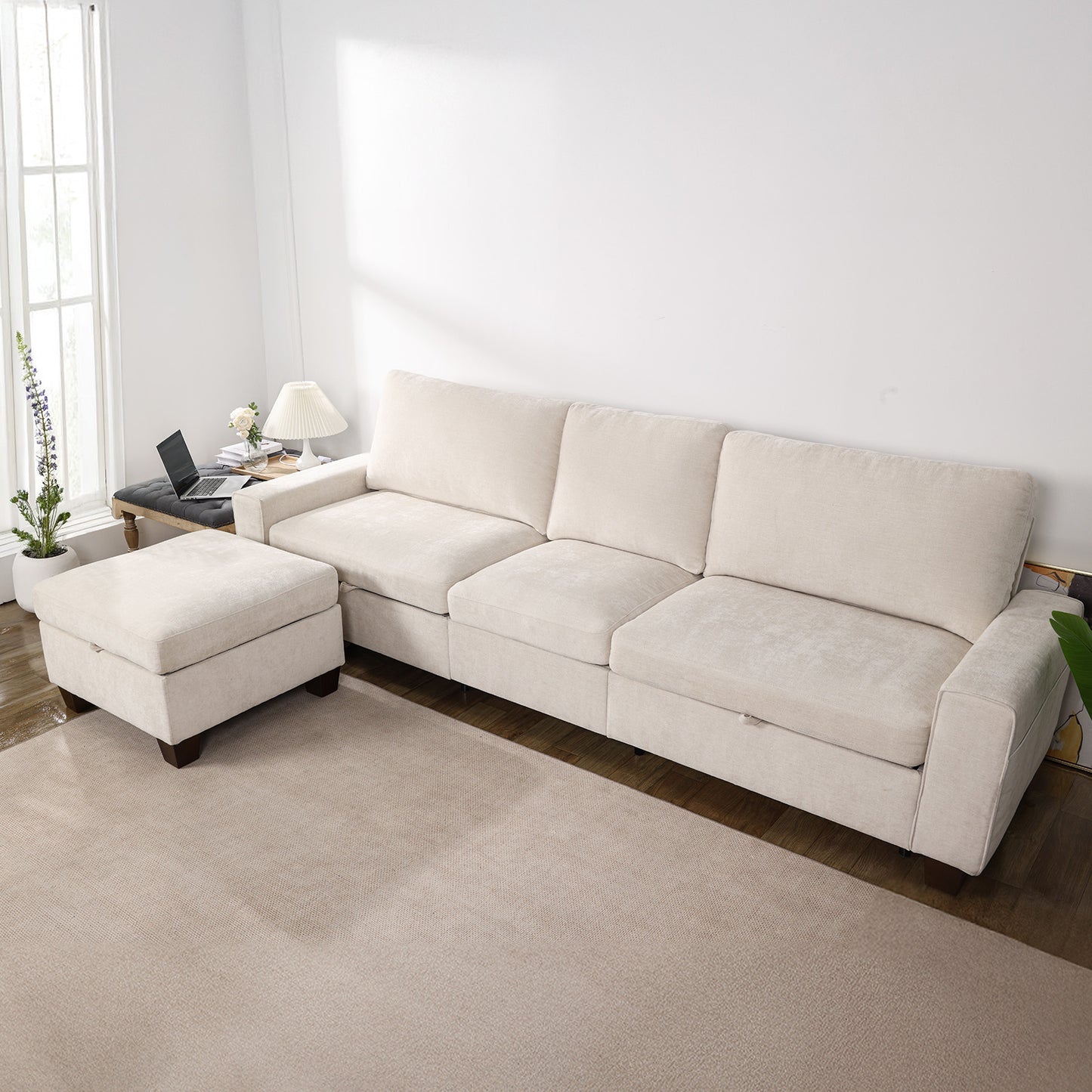 Convertible L-Shaped Sofa with Storage Ottoman, Reversible Design, Breathable Fabric - Beige