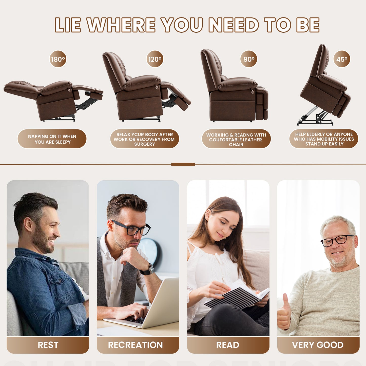 Dual Motor Lift Chair with Massage & Heating | Lay Flat Recliner for Elderly - Red Brown