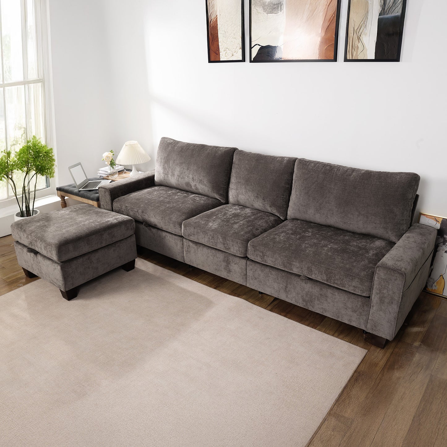 Convertible L-Shaped Sofa with Storage Ottoman, Reversible Design, Breathable Fabric - Dark Grey