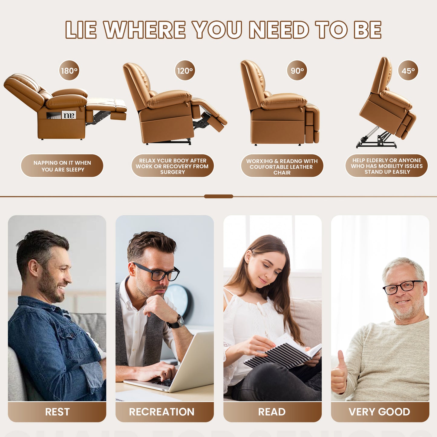 Dual Motor Lift Chair with Massage & Heating | Lay Flat Recliner for Elderly - Light Brown