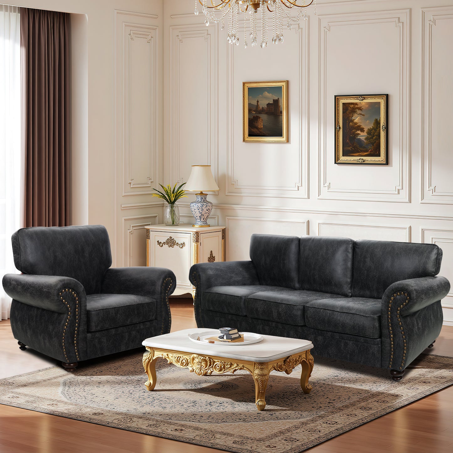 Mid-Century Vintage Sofa Couches with Rivet Design - Grey