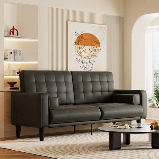 70'' Mid-Century Modern Faux Leather Loveseat with Cushions - Black