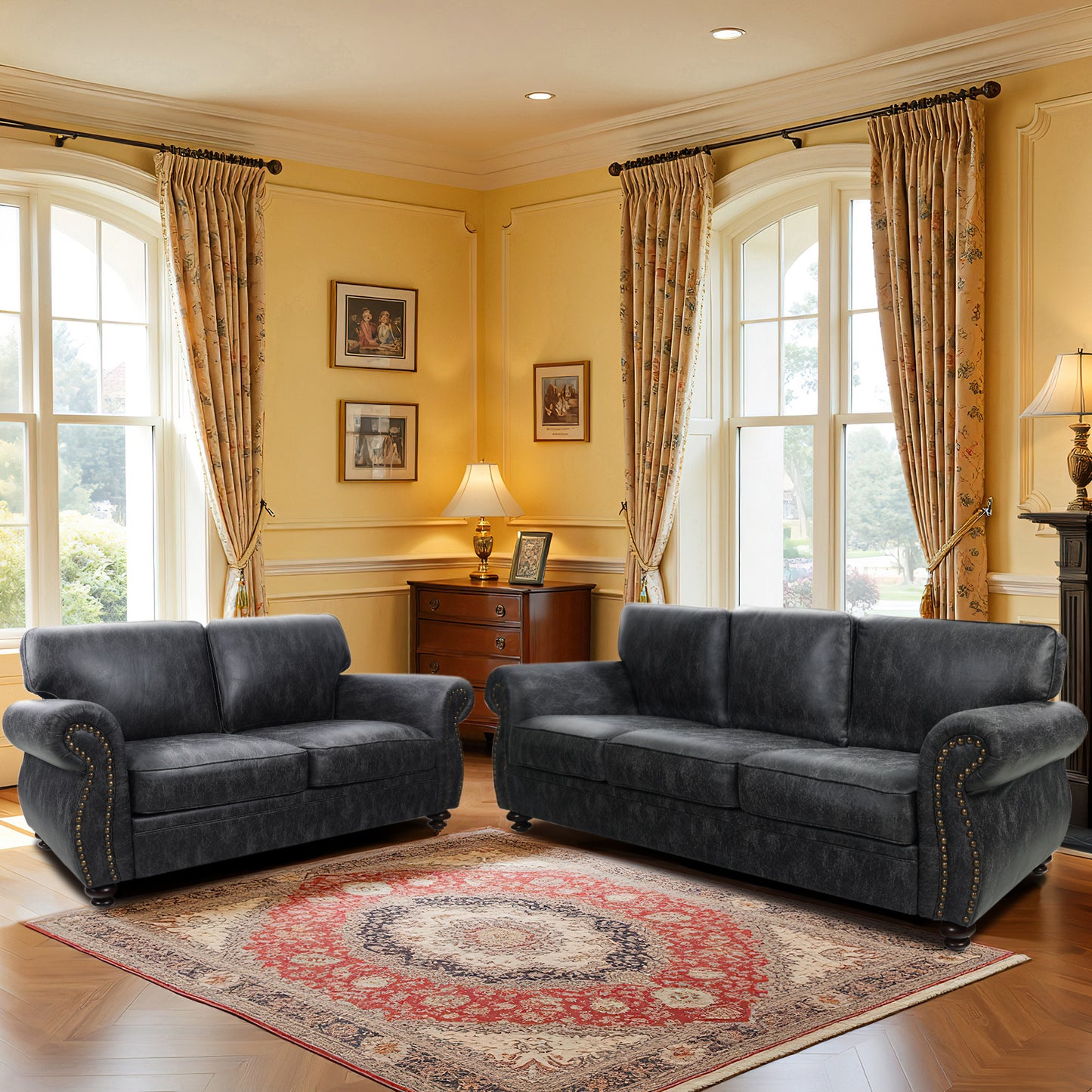 Mid-Century Vintage Sofa Couches with Rivet Design - Grey