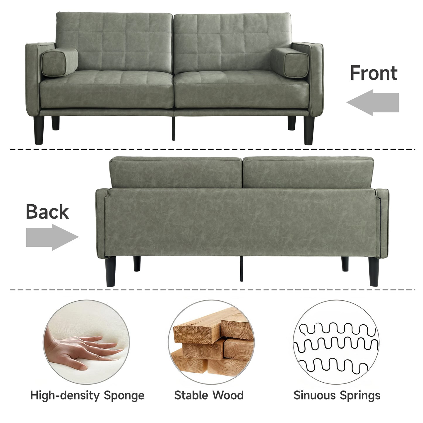 70'' Mid-Century Modern Faux Leather Loveseat with Cushions - Olive Green