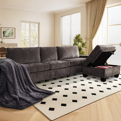 Convertible L-Shaped Sofa with Storage Ottoman, Reversible Design, Breathable Fabric - Dark Grey
